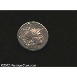 M. Tullius, Circa 120 B.C., AR denarius (3.84 gm.), Helmeted head of Roma right/Victory galloping ri