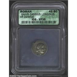 Cassius, 42 B.C., AR denarius, Head of Libertas right/Jug and lituus, CR 500/3, VF35 ICG, hairline f