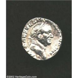 Vespasian, 69-79 AD, AR denarius, (3.3 gm.) Laureate head right/Sacrificial Implements. C. 45. R.I.C