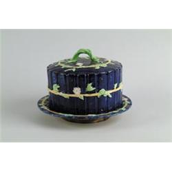 MAJOLICA: OUTSTANDING CHEESE DOME IN THE PICKET FENCE AND FLORAL MOTIF BY GEORGE JONES…