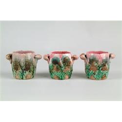 MAJOLICA: THREE OPEN SUGARS IN THE SHELL & SEAWEED PATTERN BY GRIFFIN, SMITH & CO…