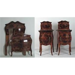 PAIR OF BOMBE STYLE INLAID BURL WOOD BEDS AND MATCHING MARBLE TOP NIGHTSTANDS…