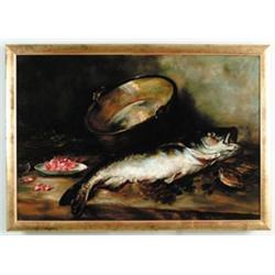 WILLIAM MERRITT CHASE (American, 1849-1916) STILL LIFE WITH FISH AND SHRIMP…