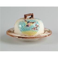 MAJOLICA: COVERED BUTTER DISH IN THE ASIAN, BIRD, AND FAN MOTIF BY WARDLES…