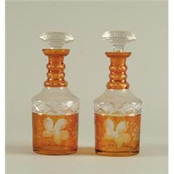 PAIR OF BOHEMIAN AMBER FLASHED CUT GLASS VINTAGE PATTERN DECANTERS…