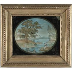 AMERICAN/BRITISH (19th century) IDYLLIC SILK NEEDLEWORK LANDSCAPE…