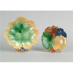 MAJOLICA: TWO COLORFUL LEAF FORMED DISHES BY GRIFFEN, SMITH & CO…