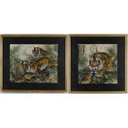 JAPANESE/CHINESE SCHOOL PAIR (20th century) TIGERS IN LANDSCAPE…