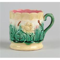 MAJOLICA: MUG WITH YELLOW FLOWERS BY GRIFFIN, SMITH & CO…