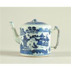 CANTON: BLUE AND WHITE STRAP HANDLED TEAPOT WITH COVER…