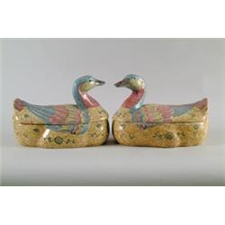 FINE PAIR OF POLYCHROMED CHINESE COVERED DUCK TUREENS…