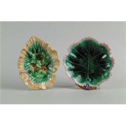 MAJOLICA: TWO LEAF FORM DISHES BY GRIFFEN, SMITH & CO…