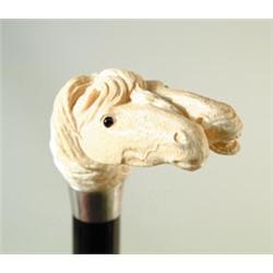 OUTSTANDING CARVED IVORY DOUBLE HORSE HEAD CANE…