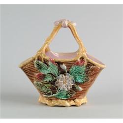MAJOLICA: HANDLED BASKET WITH APPLIED FLOWERS…