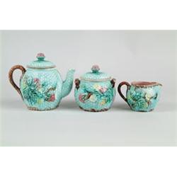 MAJOLICA: THREE PIECE TEA SET IN BLACKBERRY…