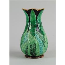 MAJOLICA: GOOD LEAF DECORATED TALL VASE…