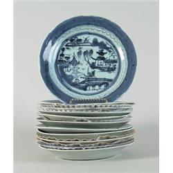 CANTON: ELEVEN BLUE AND WHITE PLATES…