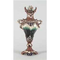 MAJOLICA: COLORFUL TWO HANDLED VASE…