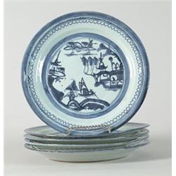 CANTON: FIVE BLUE AND WHITE PLATES…