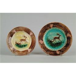MAJOLICA: TWO STAG AND DOG PLATES…