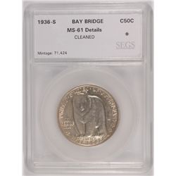 1936-S BAY BRIDGE COMMEN HALF DOLLAR SEGS MS-61 DETAILS