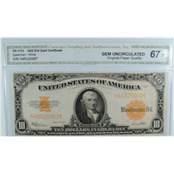 1922 $10 GOLD CERTIFICATE (CGA 67 STAR)