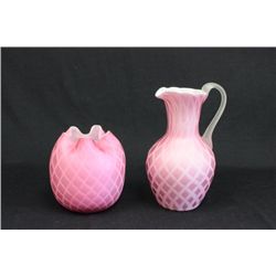 Victorian pink quilted satin glass pitcher & vase