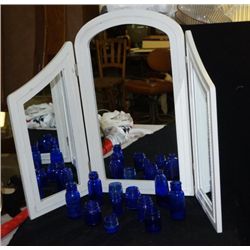 Table Top Mirror W/Misc. Vintage Blue Bottles