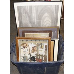 One plastic bin full of Misc. framed art.