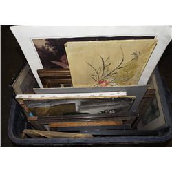 One plastic bin full of Misc. framed art.