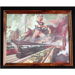 Framed Orig Print WWII Uncle Sam Standing Over Railroad