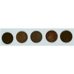 INDIAN CENTS:1864 BRONZE-G, 1865-G, 1866-VG some corrosion, 1867 & 68 FINE dark