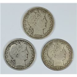 LOT OF ( 3 ) BARBER HALF DOLLARS, 1906-D, 1912-D, AND 1914-S
