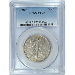 1928-S WALKING LIBERTY HALF DOLLAR, PCGS VF-25
