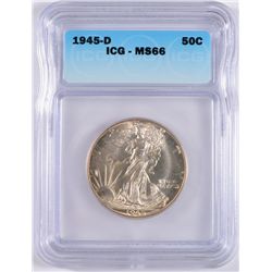 1945-D WALKING LIBERTY HALF DOLLAR, ICG MS-66