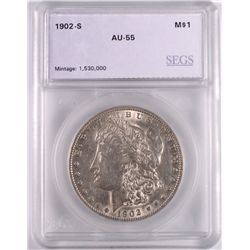 1902-S MORGAN SILVER DOLLAR, SEGS AU-55  NICE
