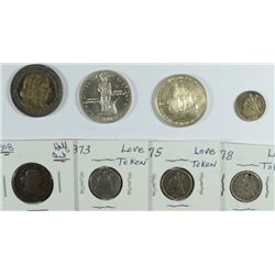 LOT: 1875 10c VF-XF, 3-SEATED 10c LOVE TOKENS, 1808 HALF CENT G-VG, 1892 HALF $,