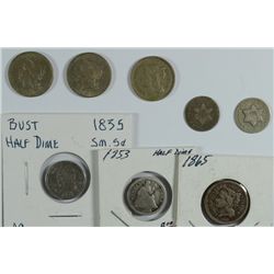 TYPE COIN LOT: 2-1865 3c, 1867-3c, 1868 3c, 1853 HALF DIME & 3c SILVER, 1851-O