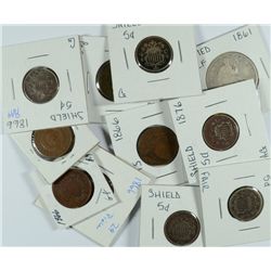 TYPE COIN LOT: 1861 HALF G, 5- TWO CENTS CIRC, 6-SHIELD 5c CIRC, NICE LOT