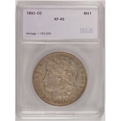 1892-CC MORGAN SILVER DOLLAR, SEGS XF-45 NICE!