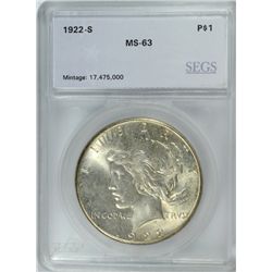 1922-S PEACE SILVER DOLLAR, SEGS MS-63 NICE!
