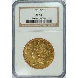 1871 $20.00 GOLD LIBERTY, NGC XF/AU-45   SCARCE DATE!