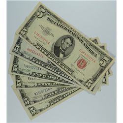 1928-1953 $5 NOTES (RED & BLUE SEAL'S) (6-NOTES) AU/CU