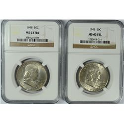 ( 2 ) 1948 FRANKLIN HALF DOLLAR, NGC MS-63 FBL