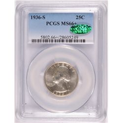 1936-S WASHINGTON QUARTER, PCGS MS-66+ CAC VERIFIED, WHITE  VERY RARE!