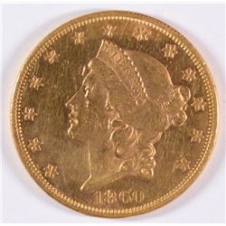 1860 $20.00 GOLD LIBERTY MS-62 CLEANED RARE DATE