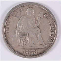 1872-S SEATED LIBERTY DIME, AU-55