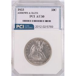 1853 ARROWS AND RAYS HALF DOLLAR, PCI AU-50