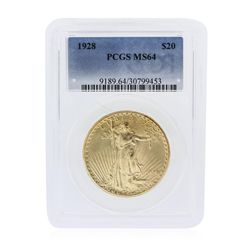 1928 $20 St. Gaudens Double Eagle Gold Coin PCGS Graded MS64