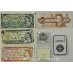 Lot of CAN Banknotes w/ ICCS and NGC Coins. Include (2) $1 CAN Banknotes, (2) $2 CAN Banknotes, NGC 